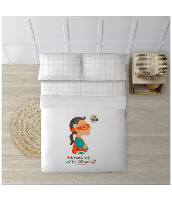 JUEGO DE SÁBANAS CON ALMOHADA Y BAJERA ESTAMPADAS A JUEGO 100% ALGODÓN MODELO SUPERHEROE CHICA PARA CAMA DE 135/140 (210X270)-C