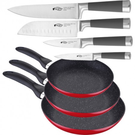 set de útiles de cocina: cuchillos y sartenes rojo