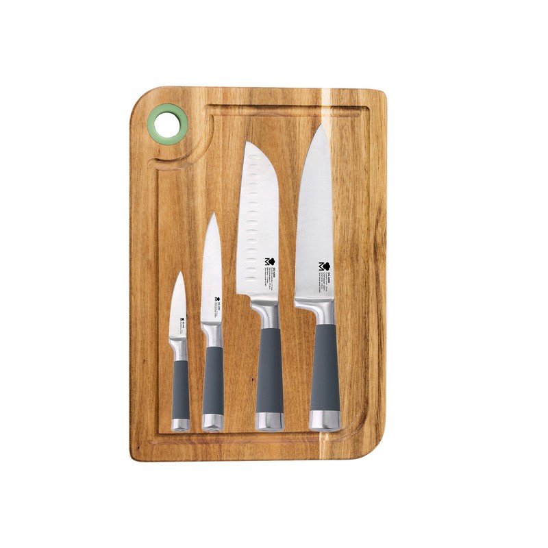 set 4 cuchillos de cocina san ignacio masterpro de acero inoxidable con tabla de cortar en madera de acacia 33x23x1,5 cm casa be