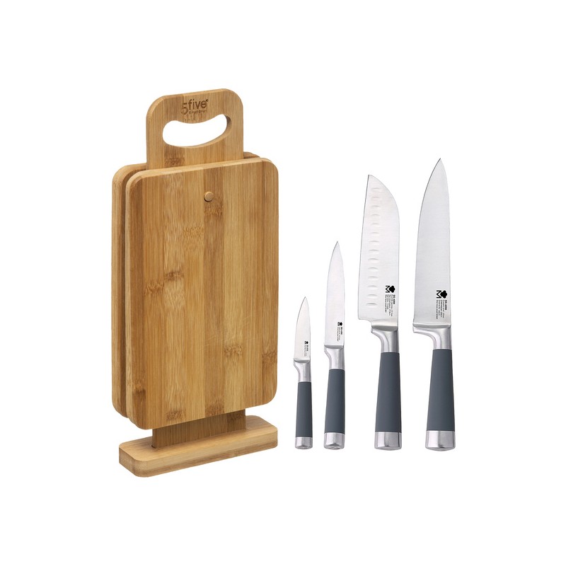 set 4 cuchillos de cocina san ignacio masterpro de acero inoxidable con pack de 4 tablas de corte con soporte de bambú