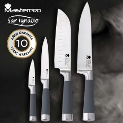 set 4 cuchillos de cocina san ignacio masterpro de acero inoxidable con pack de 4 tablas de corte con soporte de bambú