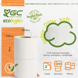 gcecologic+ papel higiénico doméstico, de celulosa reciclada: 108 rollos de 22,4 m. c/u; 2419,2 metros totales de papel de baño