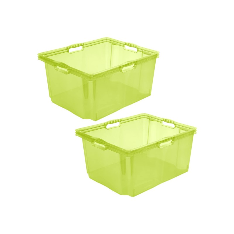 2x caja de almacenaje con asas integradas, tamaño: xxl, 52 x 43 x 26 cm, 44 l, verde transparente