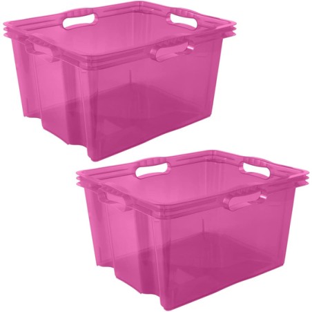 2x caja de almacenaje con asas integradas, tamaño: xl, 43 x 35 x 23 cm, 24 l, rosa transparente