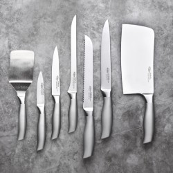 set de 3 filos de corte jávea - hacha de cocina 17,5 cms - cuchillo jamonero 25 cms y cuchillo para el pan 20 cms