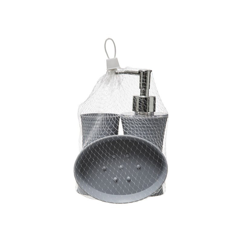 set de 3 accesorios gris: dispensador jabon, vaso y jabonera