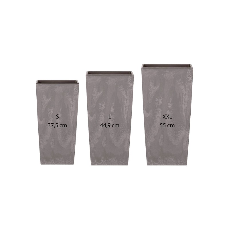 pack 3 macetas altas prosperplast (11,4/19/35 litros) urbi square effect de plastico en color gris claro con deposito.
