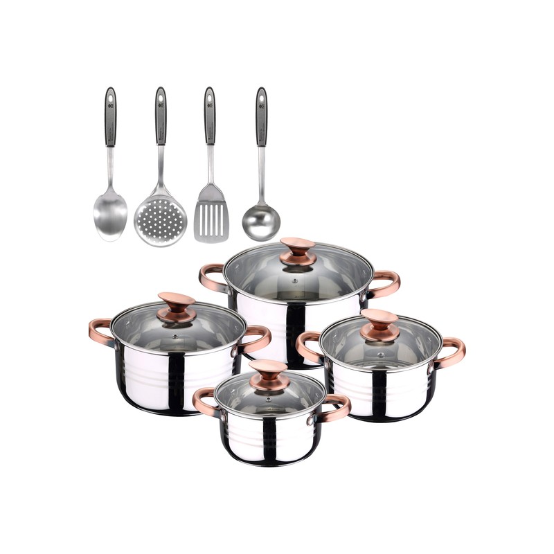 bateria de cocina 8 piezas apta para induccion san ignacio altea en acero inoxidable con set de 4 utensilios de cocina en acero 