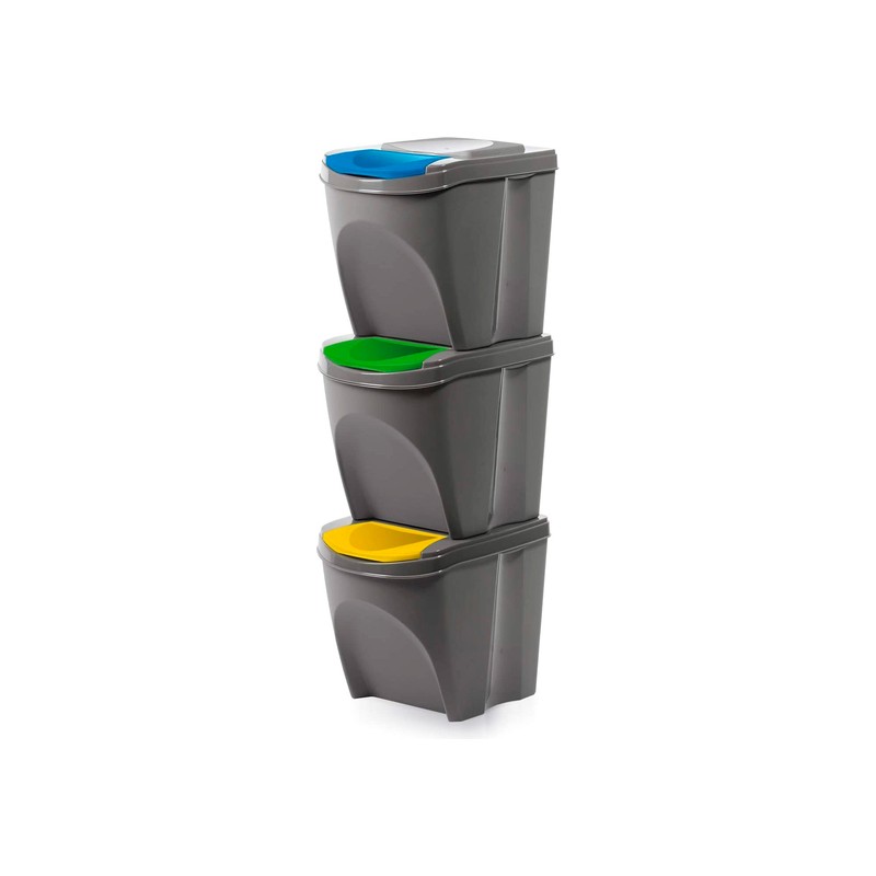 juego de 3 cubos de reciclaje -75 litros de compartimento- gris