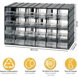 unidad de almacenamiento modular de plástico l 382 x p 148 x h 230 mm con 24 cajones transparentes