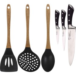 juego de 3 cuchillos de cocina en acero inoxidable san ignacio vita con con 3 utensilios de cocina foodies de silicona madera
