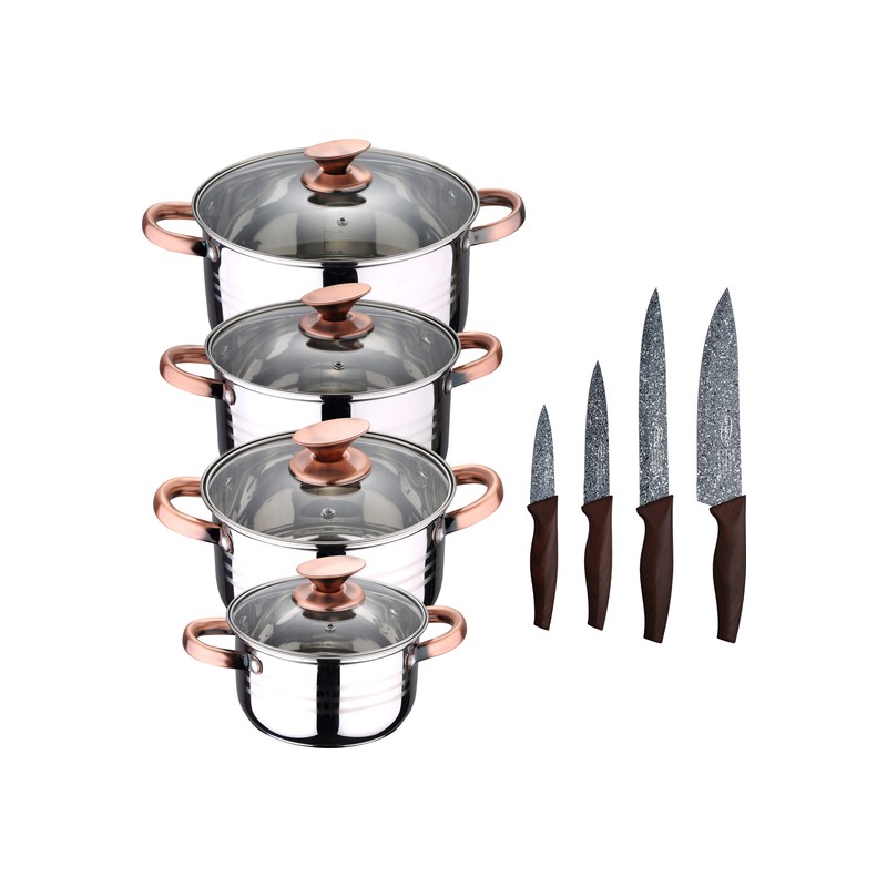 bateria de cocina 8 piezas apta para induccion san ignacio altea en acero inoxidable con set de 4 cuchillos de cocina de acero i