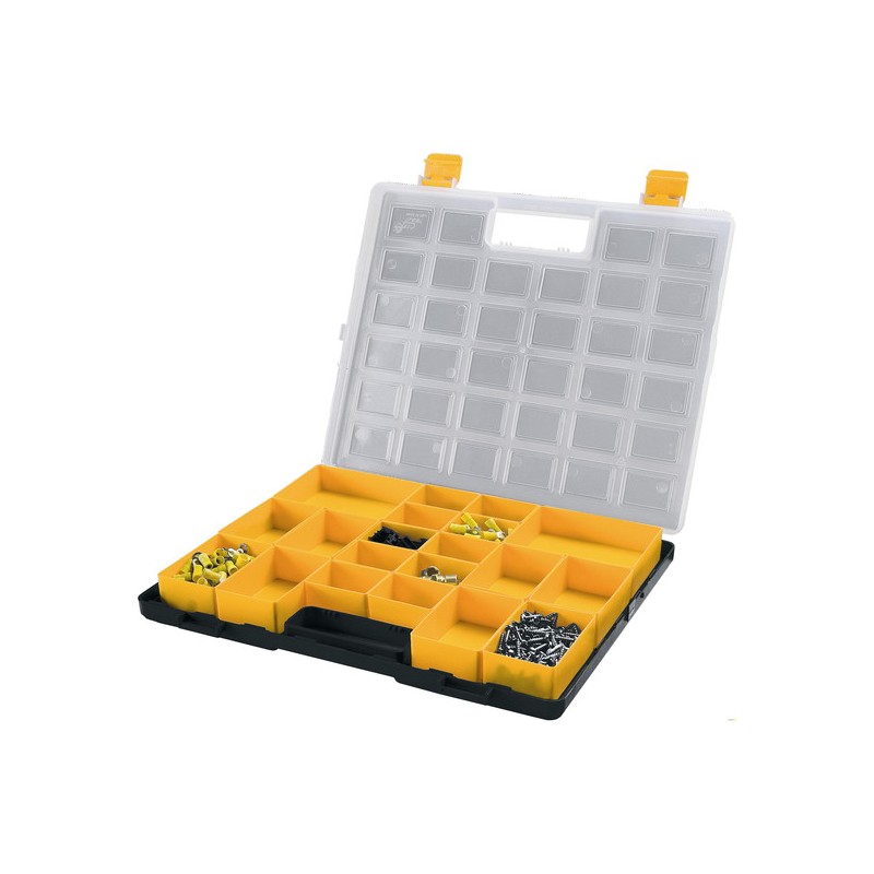 organizador de plástico - 372x314x40 mm con 2 cajas grandes extraíbles en el interior , 8 medianas , 10 pequeñas, tapa trasparen