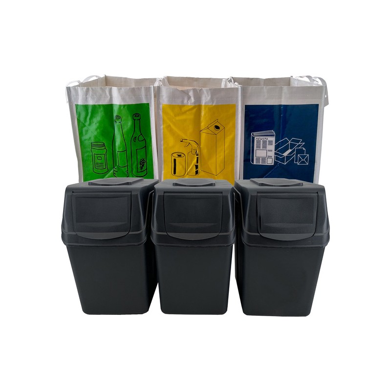 juego de 3 cubos de reciclaje con capacidad de 60 litros en color antracita 39x23x33 cm con 3 bolsas de reciclaje para exterior