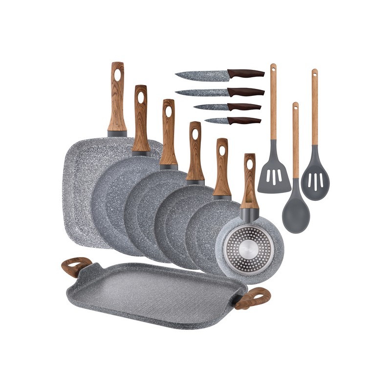pack 7 piezas menaje de cocina (sartenes y plancha) + utensilios san ignacio daimiel