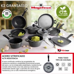 magefesa k2 gransasso wok 28 - acero esmaltado vitrificado, en gris, inducción y lavavajillas acompañada de tapa de cristal con 