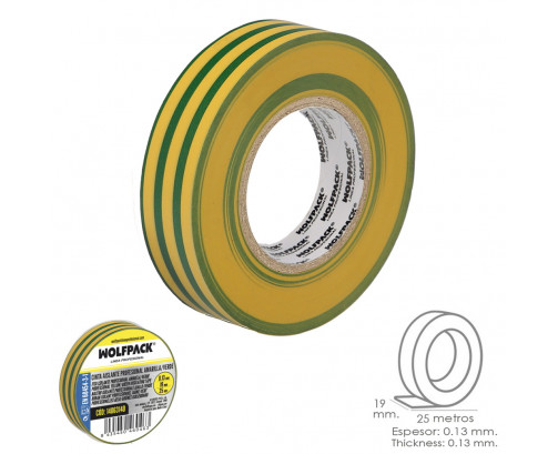 Cinta Aislante Profesional Amarilla/Verde Espesor 0.13 mm. Ancho 19 mm. Rollo 25 Metros, Ref. FOR-14063140