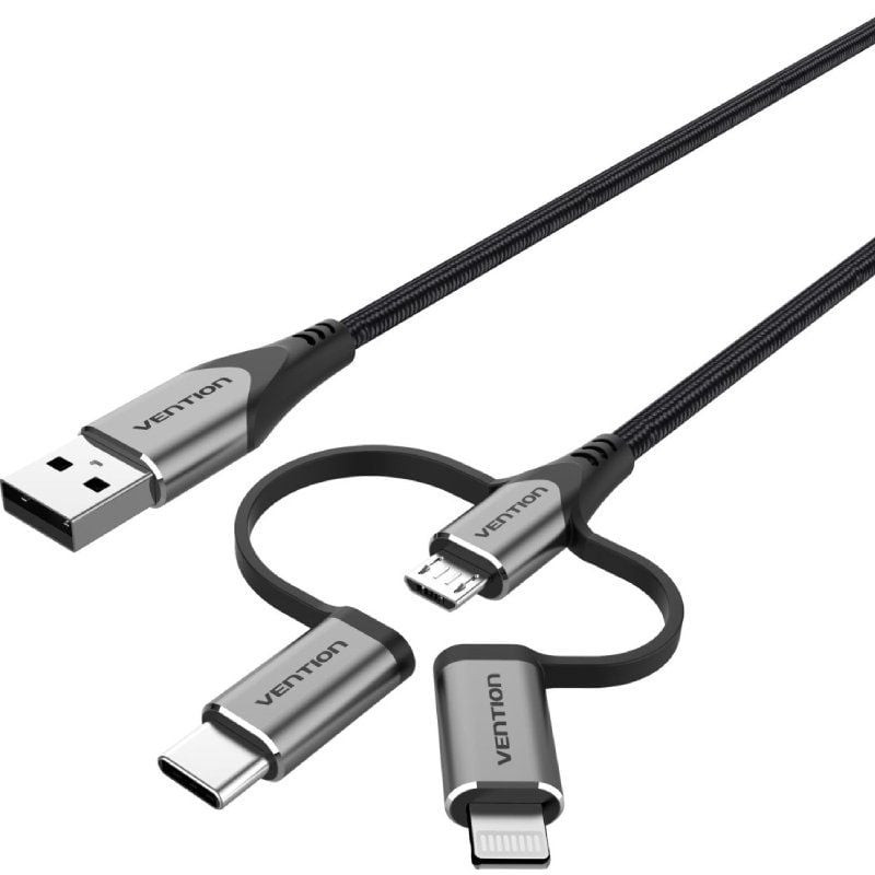 Cable USB 2.0 Tipo-C Vention CQJHG/ USB Macho/ USB Tipo-C Macho - MicroUSB Macho - Lightning Macho/ 480Mbps/ 1.5m/ Gris CYD-012 Cable USB 2.0 Tipo-C Vention CQJHG/ USB Macho/ USB Tipo-C Macho - MicroUSB Macho - Lightning Macho/ 480Mbps/ 1.5m/ Gris CYD-012