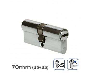 Cilindro 70mm (35+35mm) niquelado, leva larga r15 con 5 llaves seguridad incluidas, Ref. CYF-85176