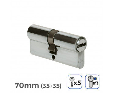 Cilindro 70mm (35+35mm) niquelado, leva corta r13 con 5 llaves seguridad incluidas, Ref. CYF-85182